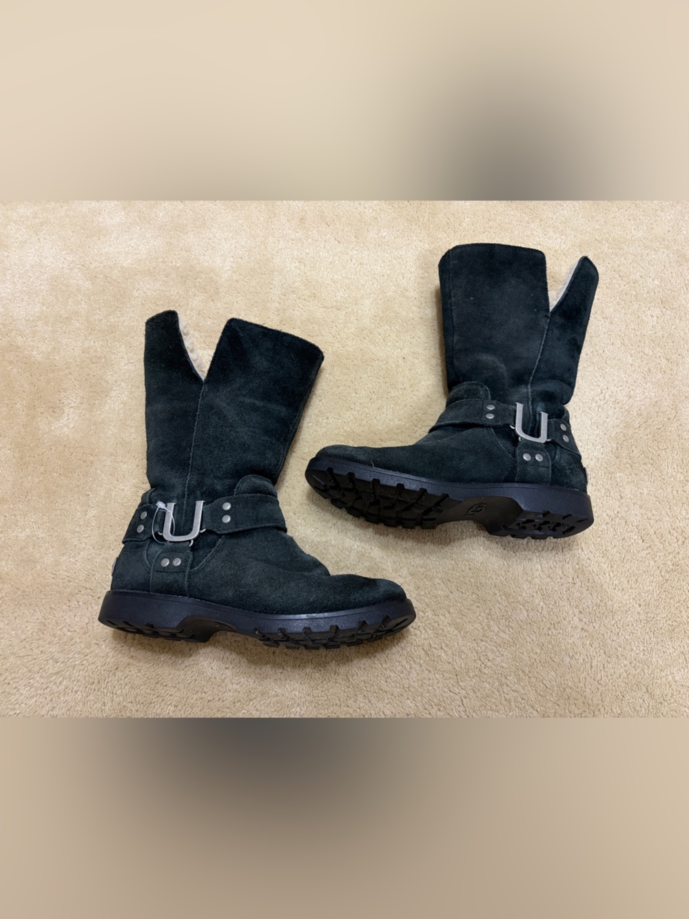 UGG Kids Black Suede Mid-Calf Buckle Boots